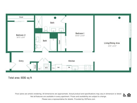 Floor plan for 2 beds, 2 baths, 1006 sqft